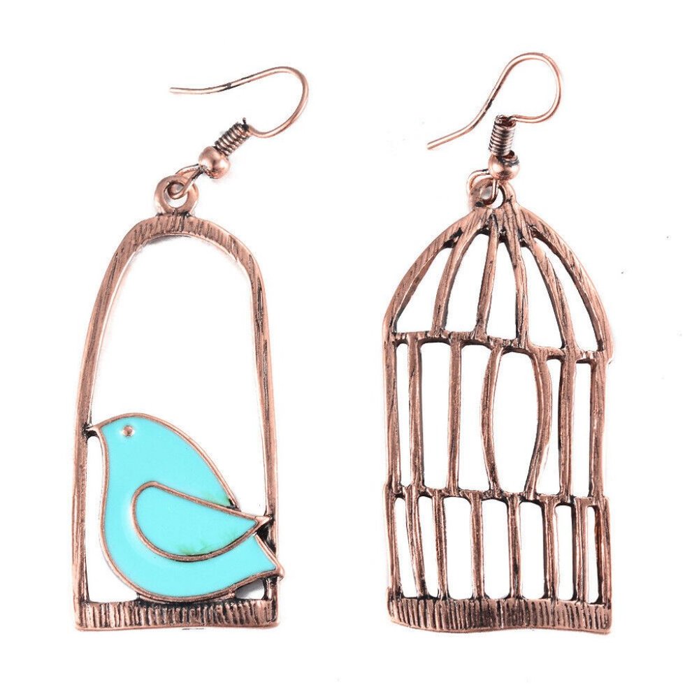 NEW Asymmetric Blue Birdcage Bird Cage Antique Bronze Dangle Earring - Present! - Picture 1 of 8